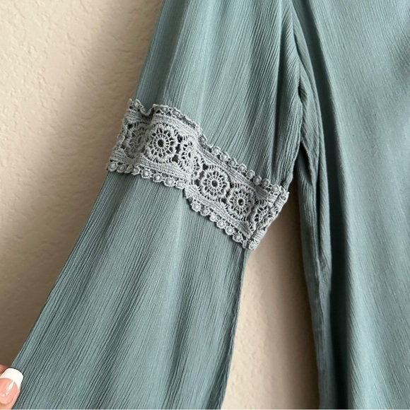 Knox Rose Green Hi-Low Gauze Tunic Crochet Lace Yoke Long Sleeves Large Boho - Picture 5 of 10